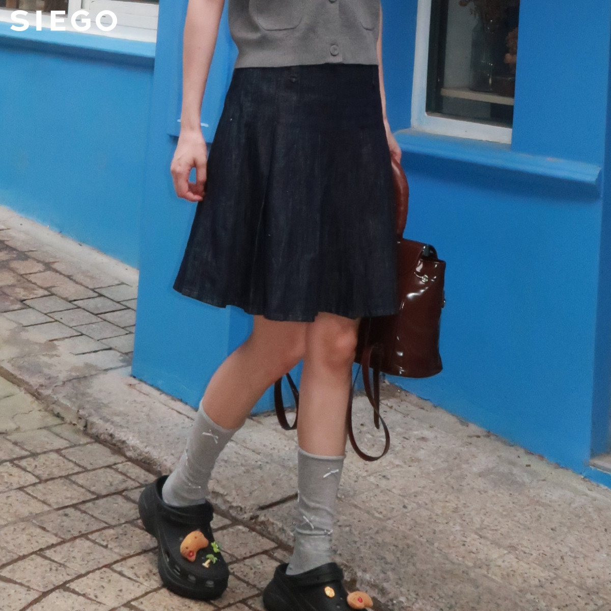 Siego西蔻学院风垂感纯色通勤简约百褶裙64522213