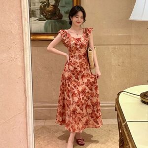 夏季收腰显瘦大圆领荷叶边裙子复古法式约会洋气碎花连衣裙女痞帅