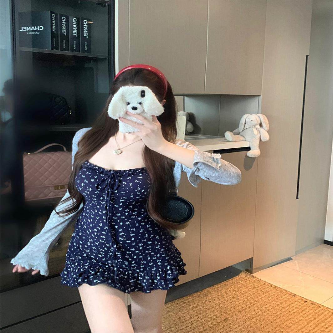 碎花吊带连衣裙内搭短裤女夏季温柔风套装灰色防晒开衫显瘦三件套