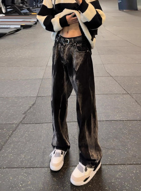 黑色扎染牛仔裤春秋男款潮牌痞帅炸街微喇裤美式drill直筒弯刀裤