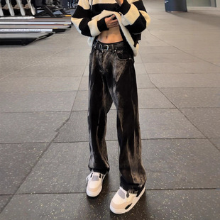 黑色扎染牛仔裤春秋男款潮牌痞帅炸街微喇裤美式drill直筒弯刀裤