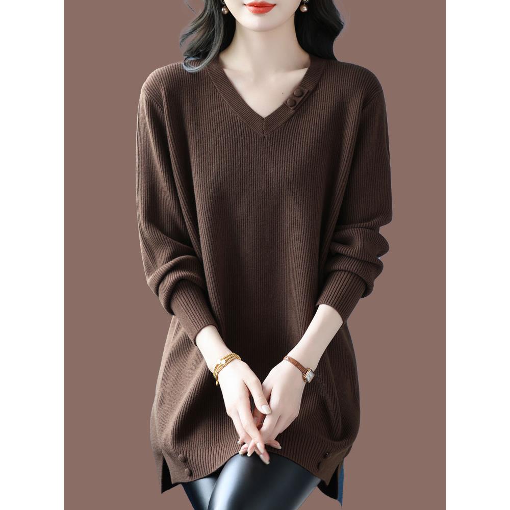 胖mm中长款V领纯色羊毛衫毛衣秋冬季加肥加大码羊绒打底衫上衣女