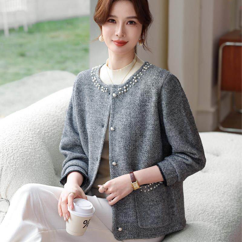 妈妈春装小香风毛呢外套2026新款中老年人女春秋时尚呢子开衫套装