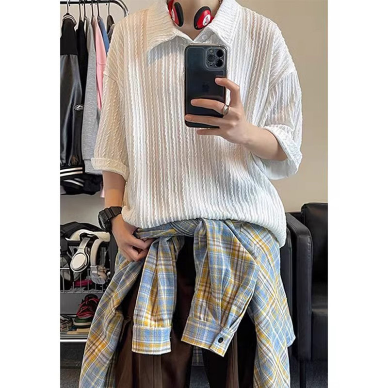 条纹白色冰丝polo衫男夏季薄款衬衫翻领短袖t恤高级感重磅半截袖