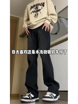 YETUAN 美式黑色加绒牛仔裤男款冬季防寒微喇叭裤子直筒工装长裤