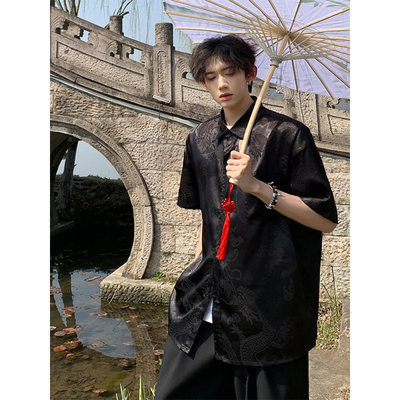 中国风暗黑提花龙纹短袖衬衫