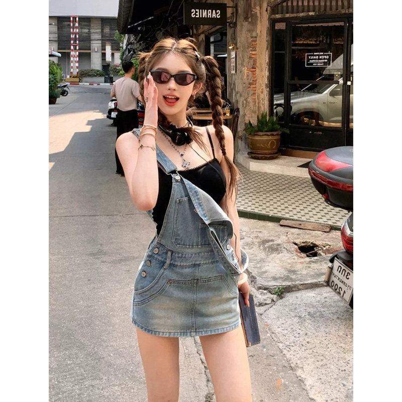 美式复古牛仔背带裙女2025夏季辣妹小个子可爱减龄显瘦A字短裤裙