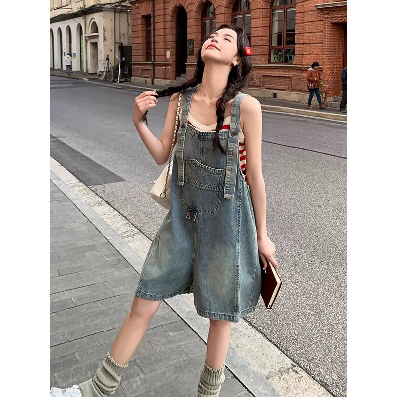 韩版牛仔背带短裤女2025夏季新款设计感小众高腰显瘦阔腿连体裤子