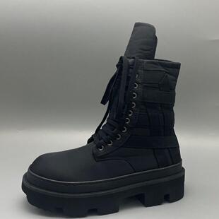 街头靴子 全黑色暗黑先锋设计师走秀款 Rick RO马丁靴厚底布面新款