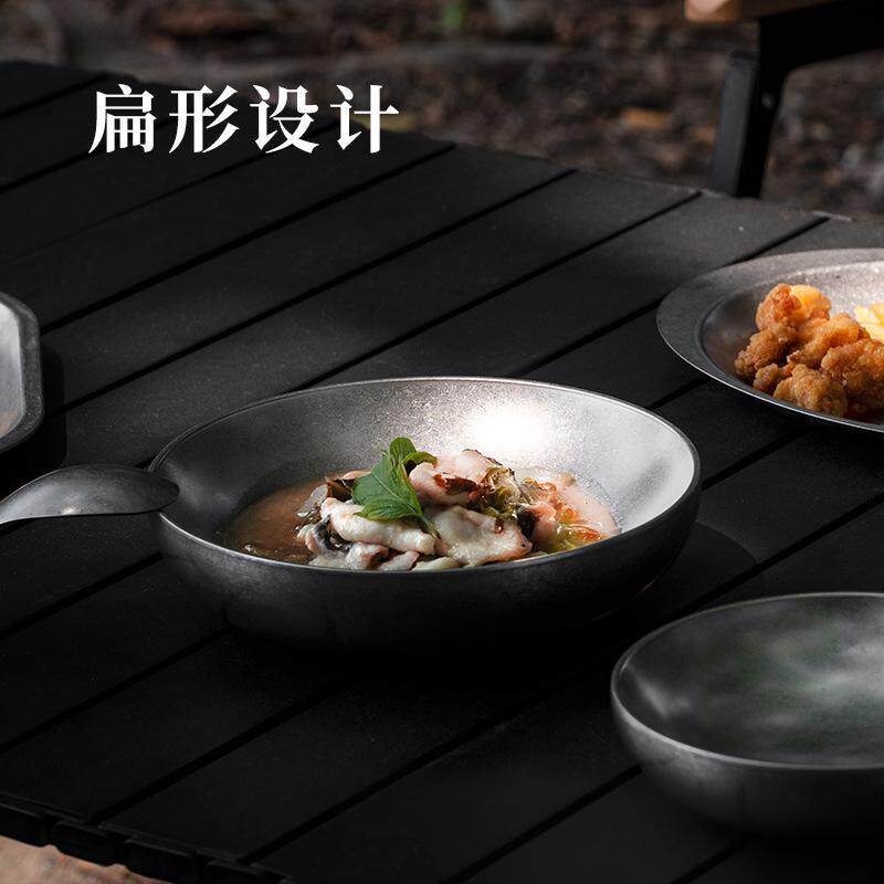 复古304不锈钢圆扁汤碗小吃碗小菜配菜盘商用烤肉餐厅沙拉碗菜碗