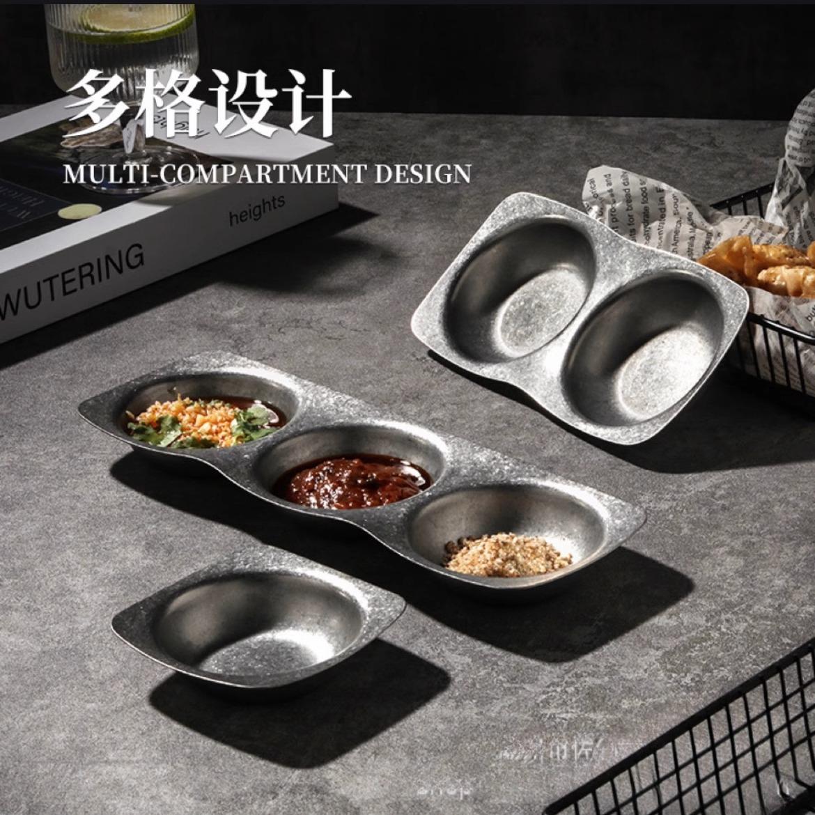 复古304不锈钢火锅调料碟餐具做旧韩式烤肉味碟两三格酱料味碟子