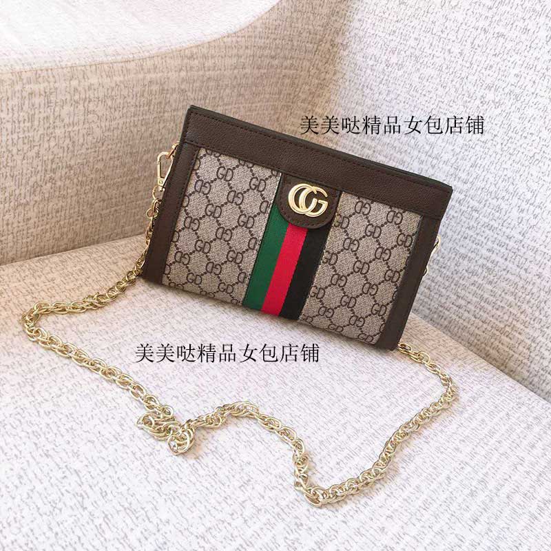 复古真皮包包条纹链条包新款印花夹子女包中古斜挎小方包磁扣包潮