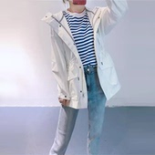 法国艾家春秋户外冲锋衣女中长款 防风防水外套收腰连帽软壳冲风衣