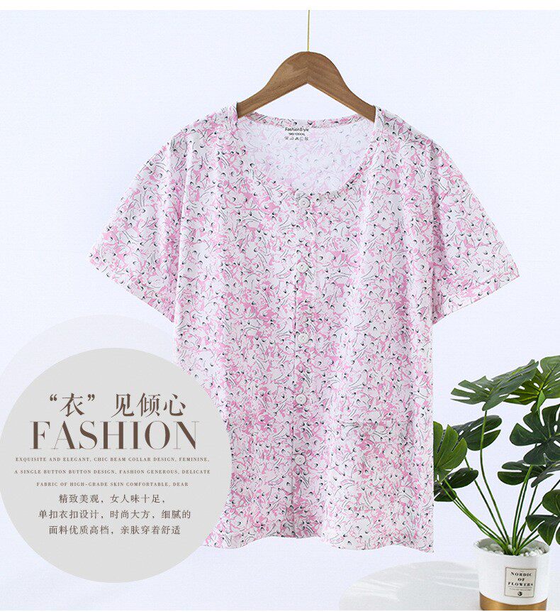 PLUS SIZE KNITTED LADIES MIDDLE-AGED AND ELDERLY TOPS THIN CARDIGANS PLACKET COTTON THIN SUMMER PRINT MOM SHORT SLEEVE HOME