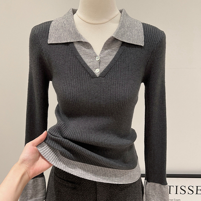 夏珍高级感Polo领长袖针织打底衫女秋冬新款假两件设计感内搭上衣
