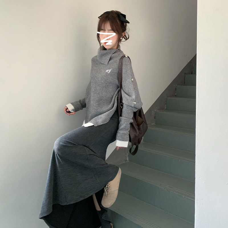 法式灰色不规则针织毛衣