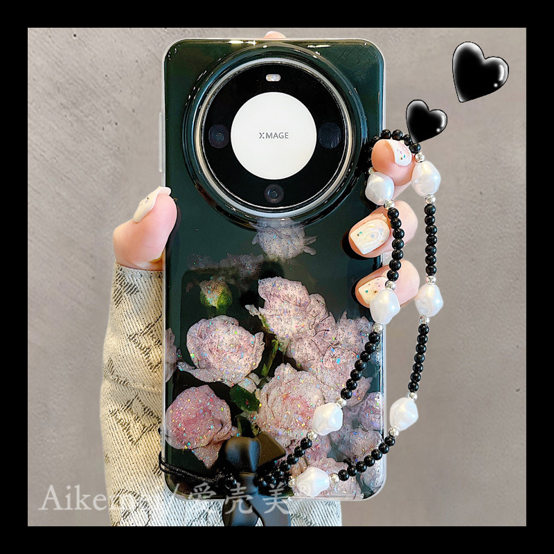 适用华为mate60pro+手机壳ins高级感闪粉玫瑰花Mate