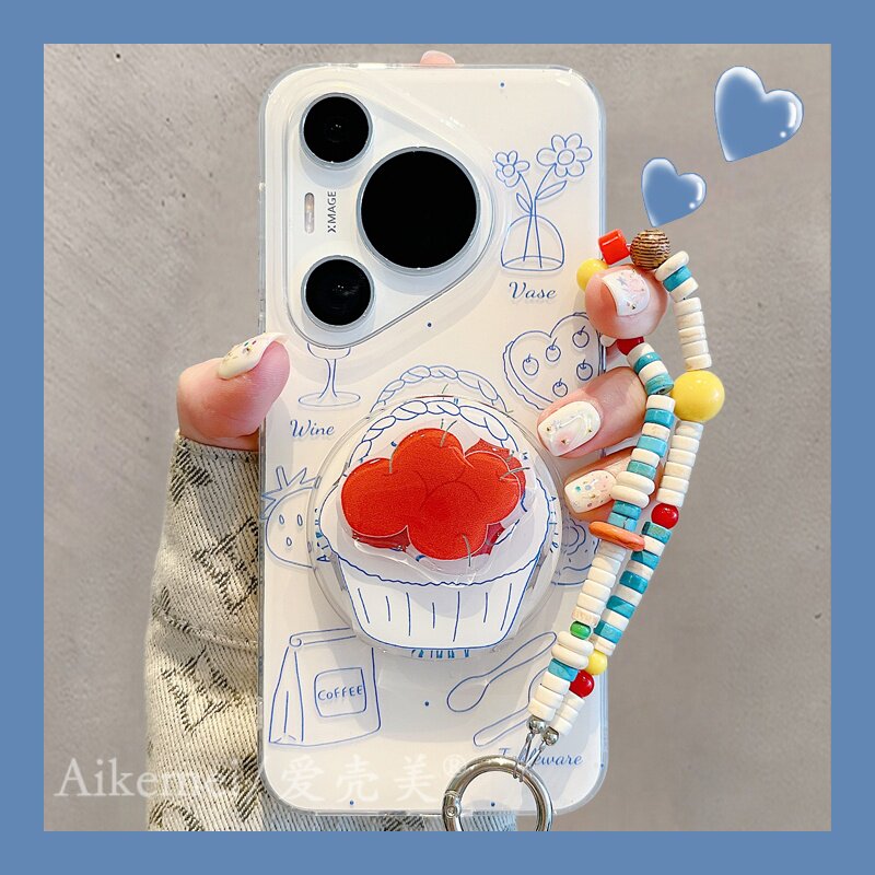 适用华为pura80pro+手机壳创意涂鸦果篮红苹果磁吸支架Pu