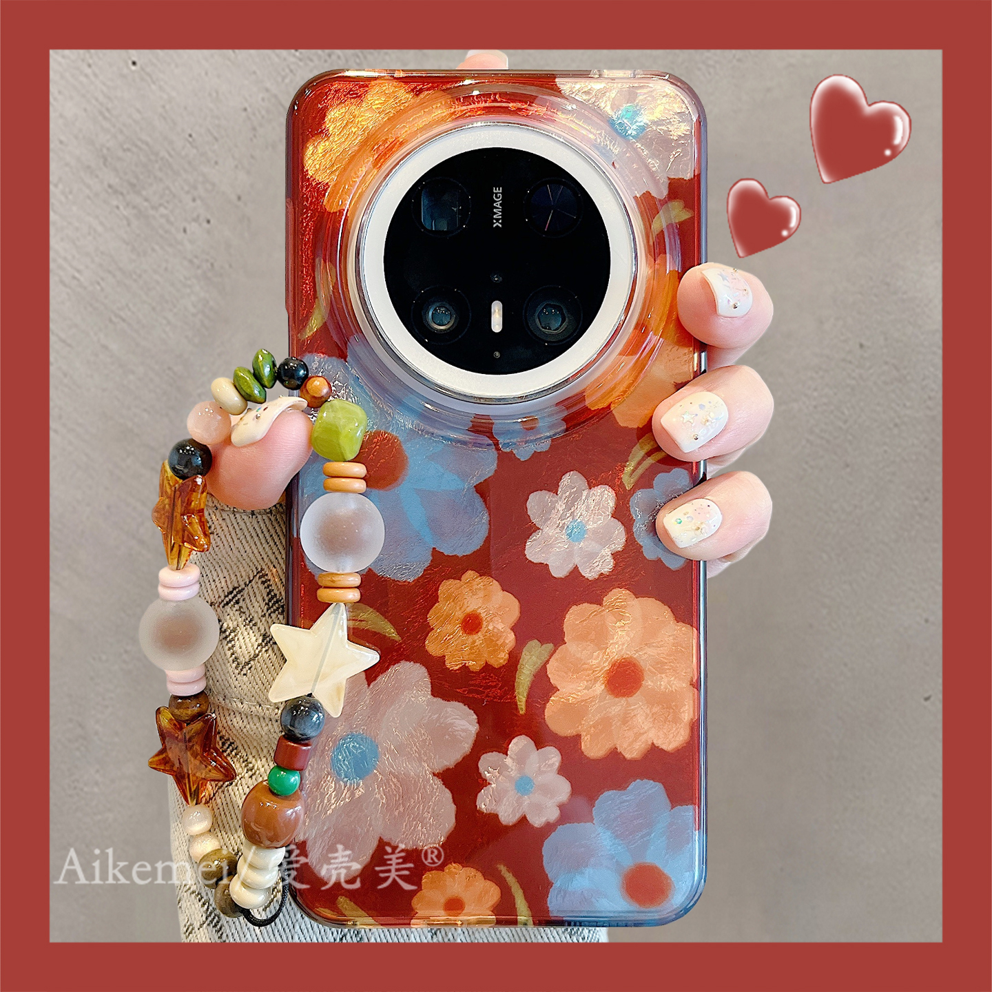 适用华为mate70pro+手机壳复古棕色锡纸纹彩色花朵mate60pro链条挂绳mate70双层新款pura70pro+全包防摔女款