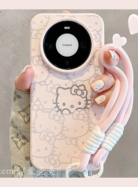 适用华为mate80promax手机壳mate70pro可爱粉底线条猫咪头像mate60pro液态硅胶MT50/40pro挂绳pura80pro+女款