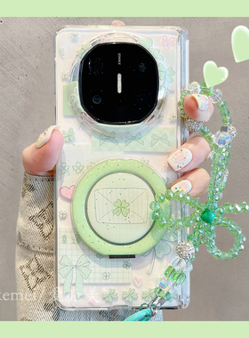 适用华为mateX7折叠屏手机壳日韩insMatex6X5典藏版链条挂绳360°旋转vivoXFold5蝴蝶结绿色透明中轴防摔男女