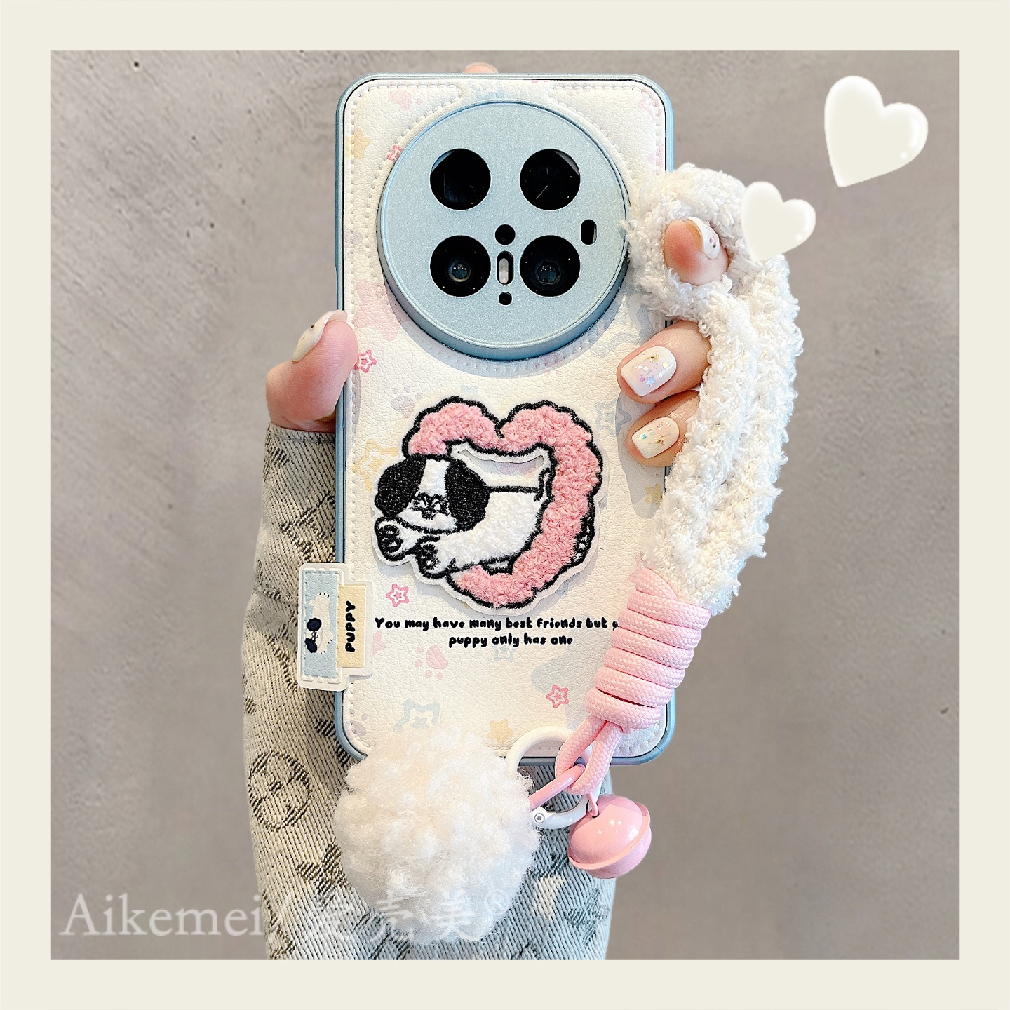 适用华为mate70pro+手机壳日韩可爱刺绣粉爱心跳跃白狗Mate60pro毛绒挂绳MT50/40pro气垫皮纹pura80pro防摔女