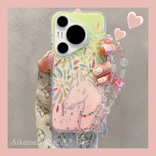 适用华为pura80pro 手机壳渐变晕染闪钻烟花线条小马Pura70pro链条挂绳p8070pro双层防摔mate80promax男女款