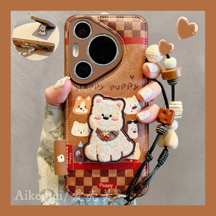 链条mate60pro女款 适用华为pura70pro 手机壳棕色皮质pura80pro九宫格小动物P70Ultra刺绣折叠支架mate70pro