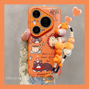 链条挂绳p8070Ultra气垫皮纹mate80promax女款 适用华为pura80pro 手机壳韩风卡通橙底咖啡时钟猫咪Pura70pro