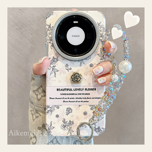 适用华为mate80promax手机壳韩系ins复古素描山茶花Mate7060pro立体山茶花mate70链条挂绳pura70pro 防摔女款