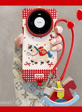 适用华为Mate80ProMax手机壳新年款红色波点拼格纹刺绣小马Mate70pro木马手绳MT60pro皮质pura80pro+防摔女款