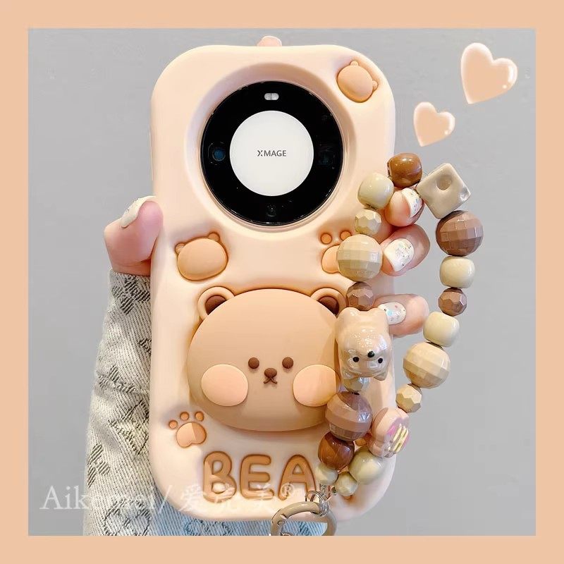 适用华为mate70/60/50pro新款手机壳立体硅胶套pura70pro+伸缩支架卡通可爱棕色小熊pura80pro防摔软女荣耀50