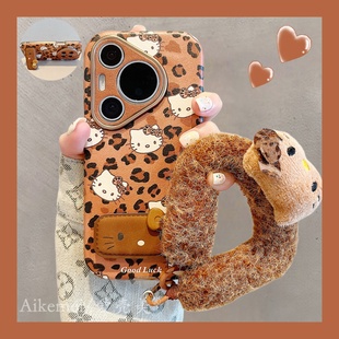 防摔女款 适用华为pura80pro 手机壳复古棕色豹纹kt猫折叠支架Pura70pro毛绒挂绳p807060皮质大视窗mate70pro