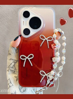 适用华为pura80pro+手机壳简约ins渐变橙色立体蝴蝶结Pura70pro链条挂绳p8070酒红色双层mate70pro+防摔女款