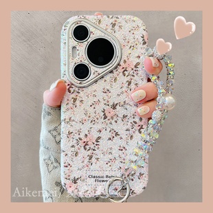 全包防摔女款 适用华为pura80pro 手机壳ins韩系小清新粉色梨花Pura70pro链条挂绳p8070闪钻大视窗mate70pro