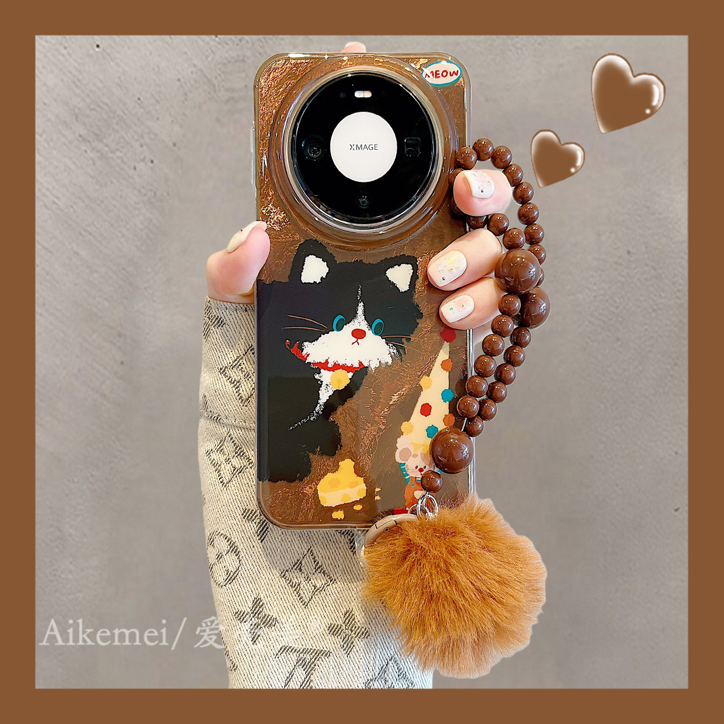 适用华为mate80promax手机壳棕底锡纸纹可爱猫咪老鼠ma