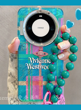 适用华为mate60pro+新款手机壳mate70pro+日韩紫绿拼接格纹mate40pro立体星球mate50pro链条挂绳电镀防摔女款