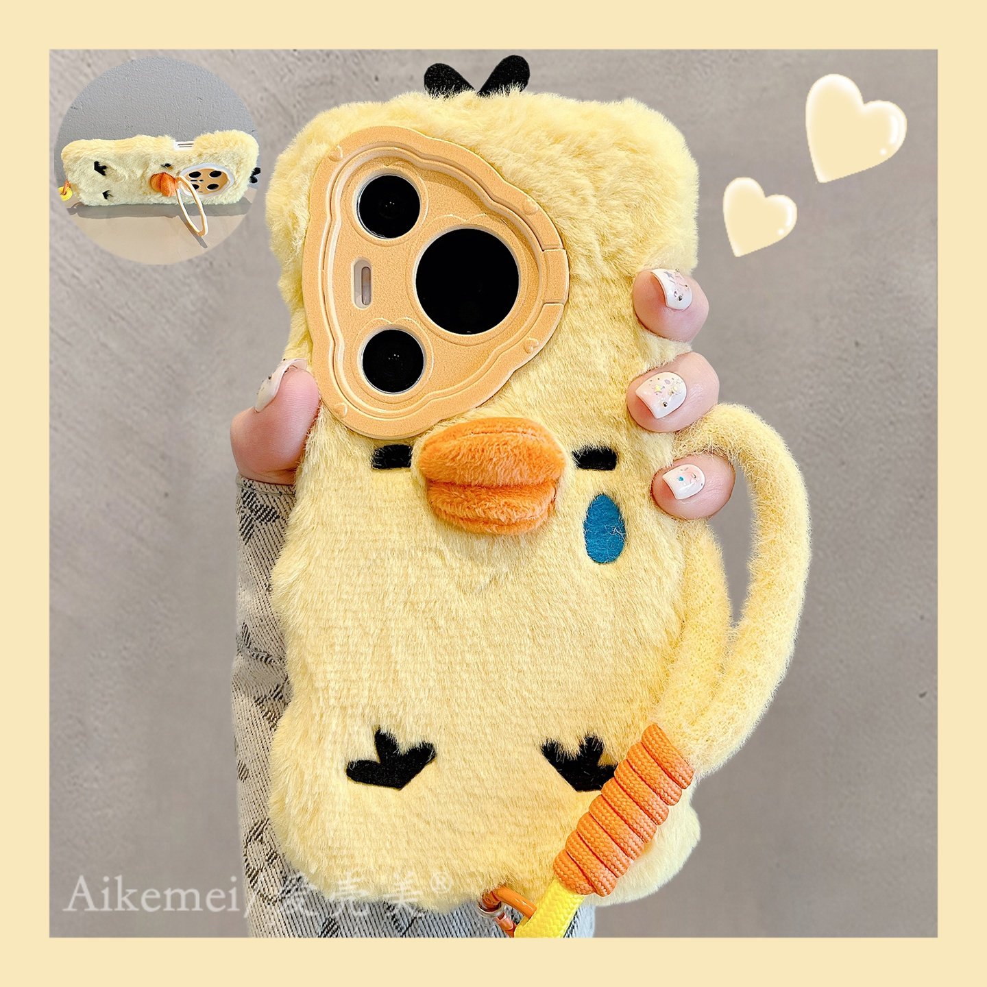 适用华为pura80pro+手机壳秋冬毛茸茸可爱小鸡表情Pura70pro毛绒挂绳p8070pro镜头支架Mate70pro+防摔男女款