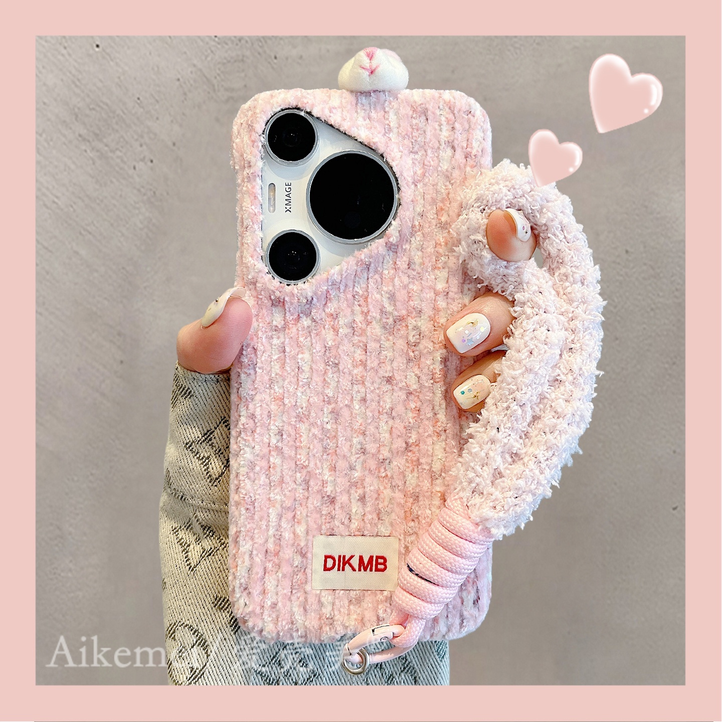 适用华为pura80pro+手机壳秋冬撞色条纹趴趴小熊兔子头像Pura70pro毛绒挂绳p8070新款绒布mate70pro+防摔女款