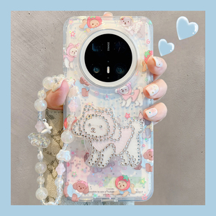 适用华为mate70pro 手机壳可爱格纹彩色星星小狗镶钻支架mate60pro链条挂绳mate70新款 双层pura70pro防摔女款