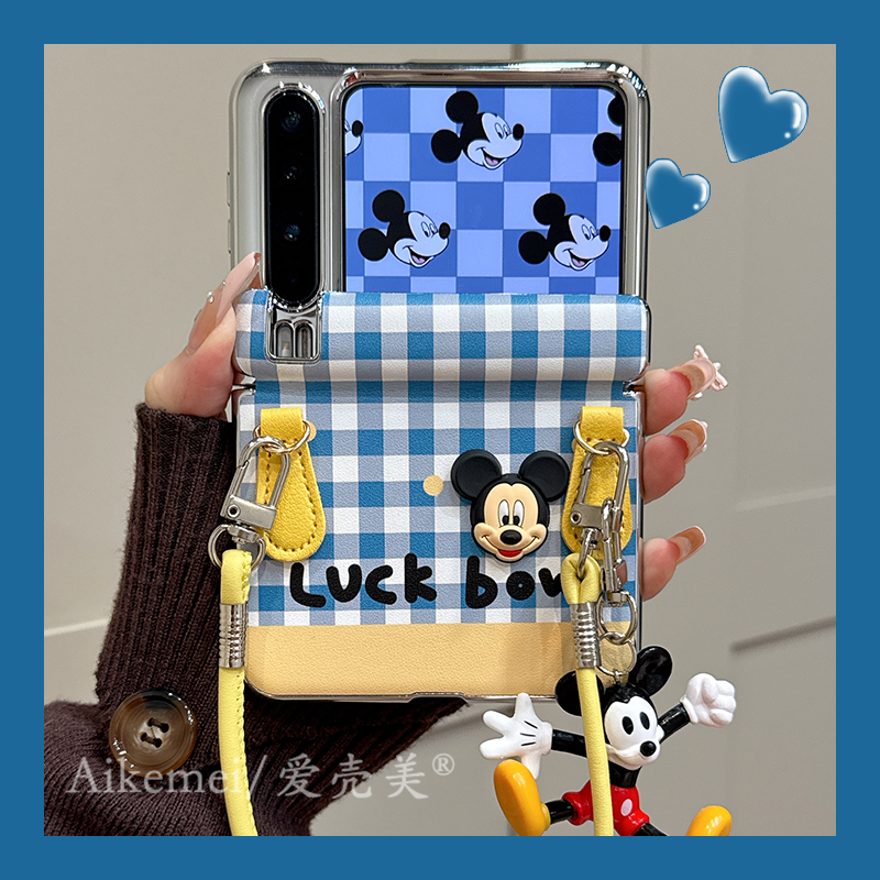 适用华为purax典藏版折叠屏手机壳pocket2电镀镜框皮质护中轴小米MIXFlip2格纹米奇米妮三星Zflip765挂绳挂坠