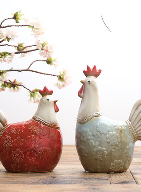 包邮美式乡村陶瓷可爱风水招财对鸡创意家居生肖工艺玄关酒柜摆件