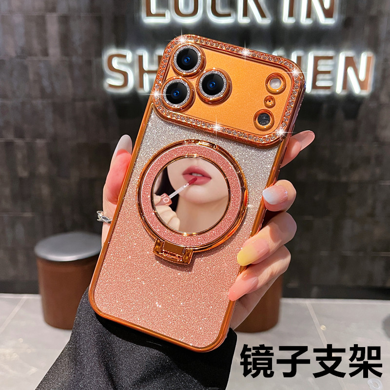 适用于苹果17手机壳带支架补妆镜17promax外壳air新款iPhone16pro高级感15女款14镜头全包13防摔plus磁吸支架