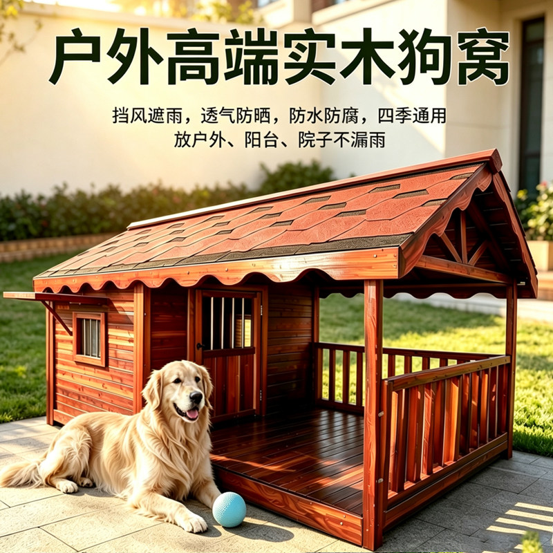 户外狗屋实木防水大型犬金毛狗窝防雨狗舍宠物别墅四季室外狗房子