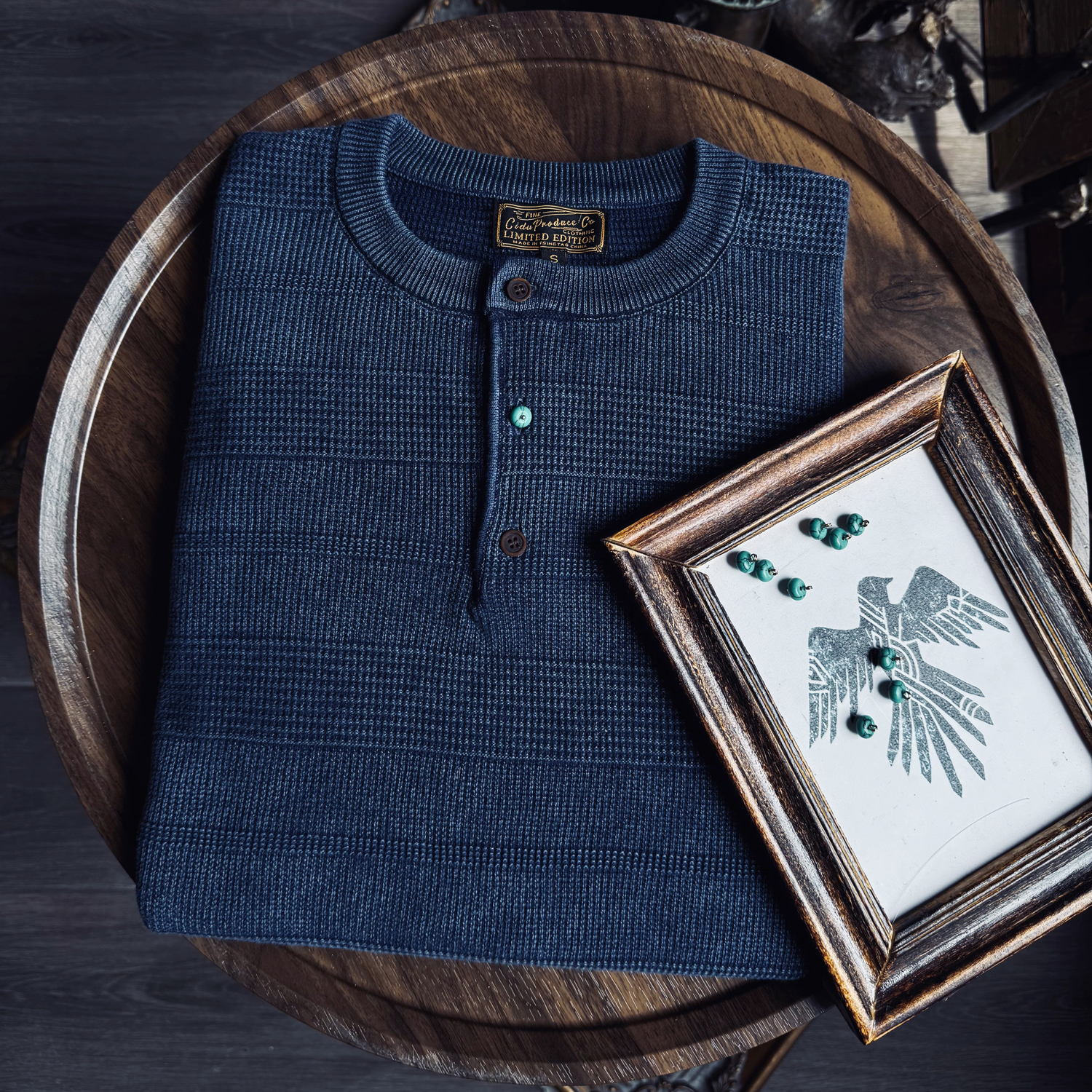 美式复古重磅蓝染水洗石磨做旧亨利领长袖男士针织打底衫套头毛衣