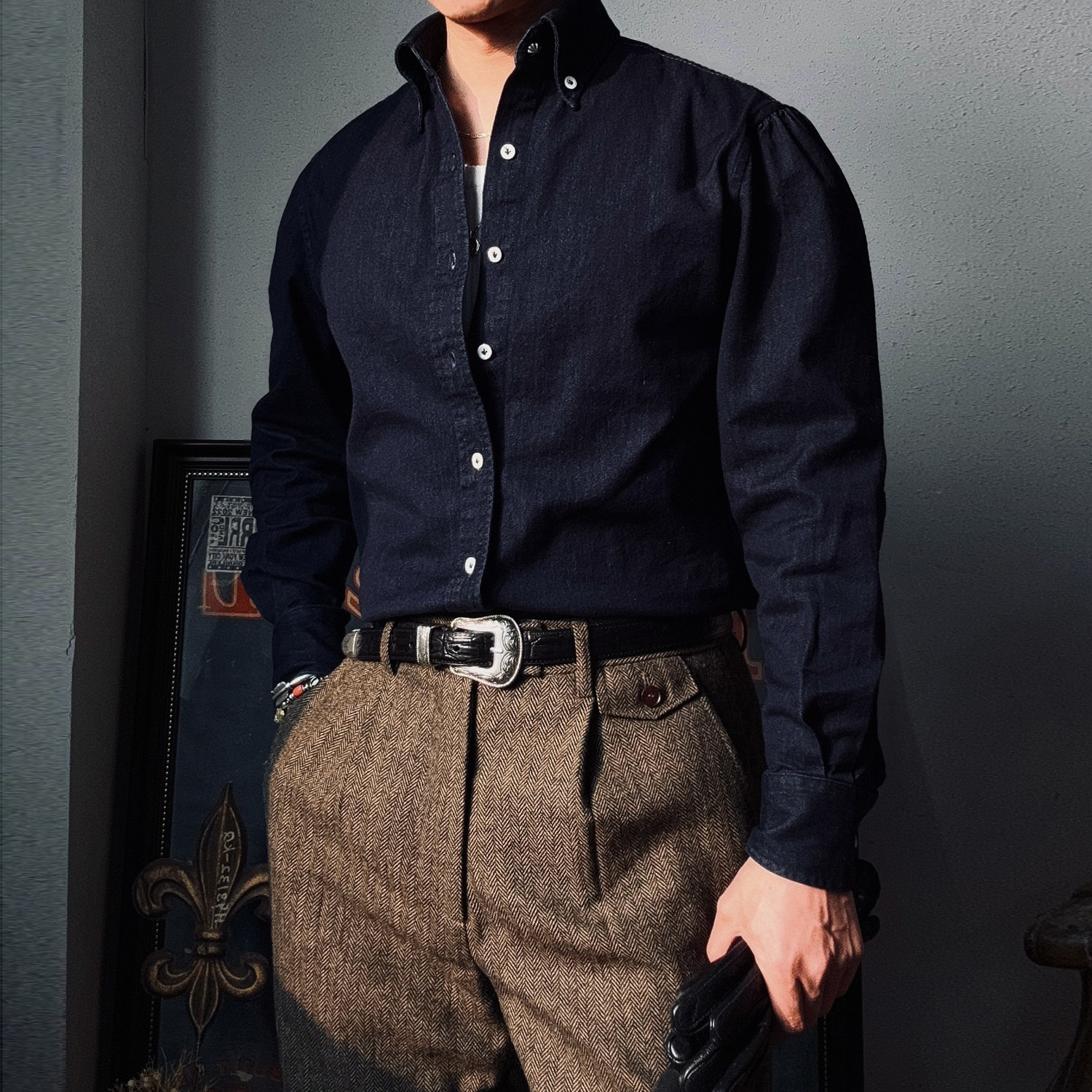 意式那不勒斯长袖衬衫8.5OZ全棉牛仔成衣水洗瀑布袖男绅士衬衣