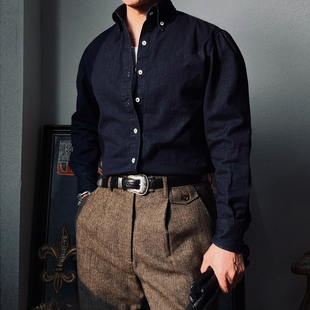 意式那不勒斯长袖衬衫8.5OZ全棉牛仔成衣水洗瀑布袖男绅士衬衣