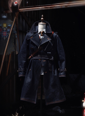 1850'S一战大衣英式VINTAGE 22OZ重磅赤耳单宁中长款过膝战壕风衣