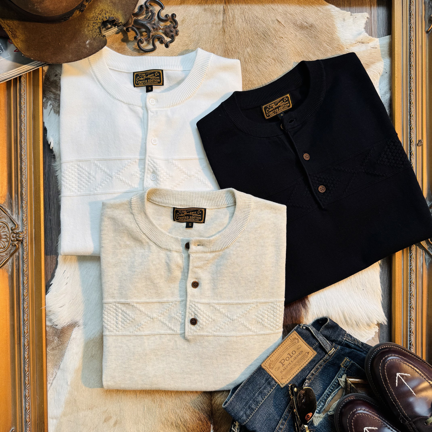 美式复古重磅纯棉重工针织提花亨利领短袖T恤