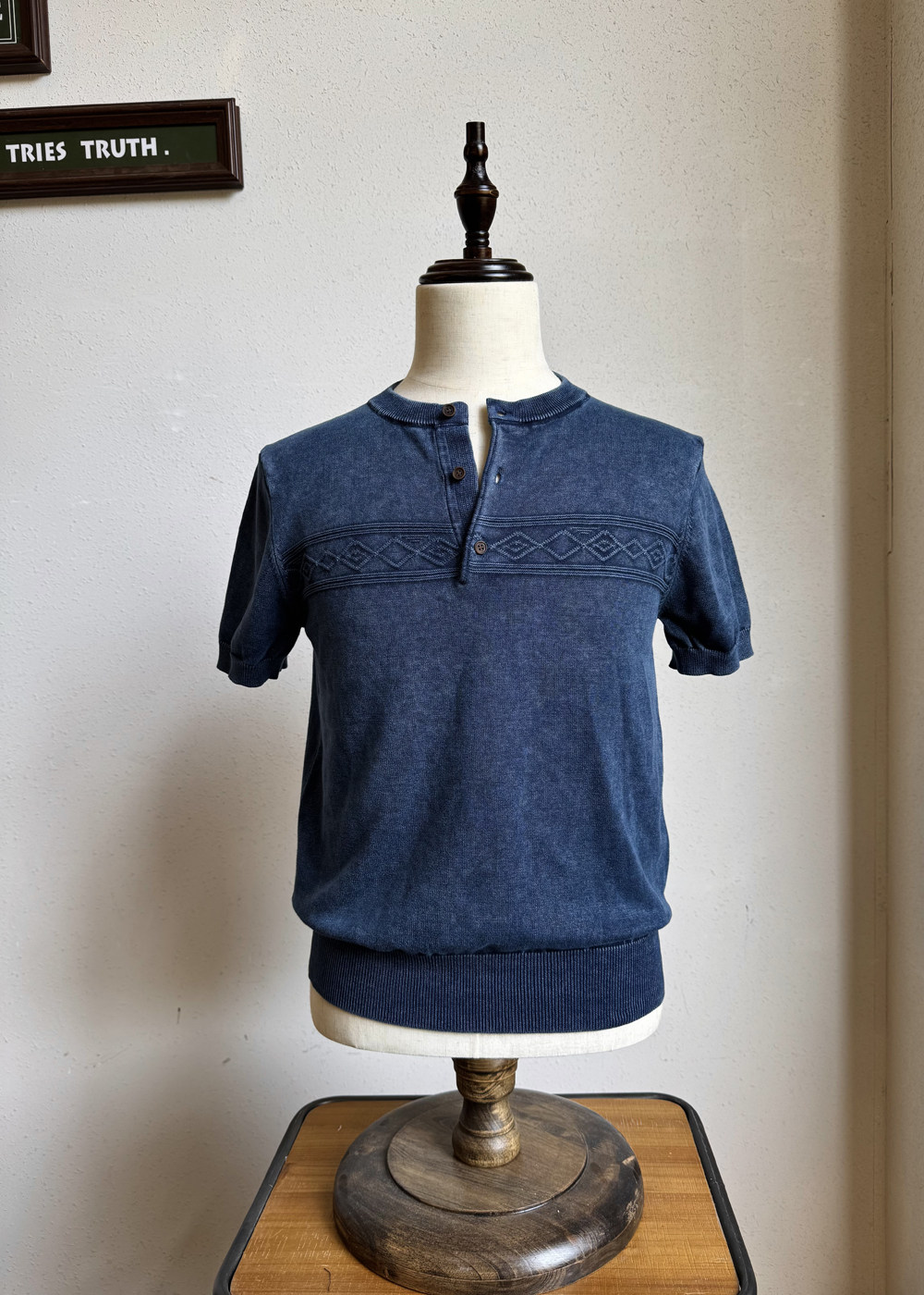 thumbnail for American Retro Washed Stone-Brushed Distressed Knitted Jacquard Henry Short-Sleeved T-Shirt